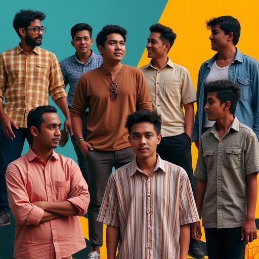 A vibrant collage of diverse Malaysian men engaging in fashion discussions and social activities.