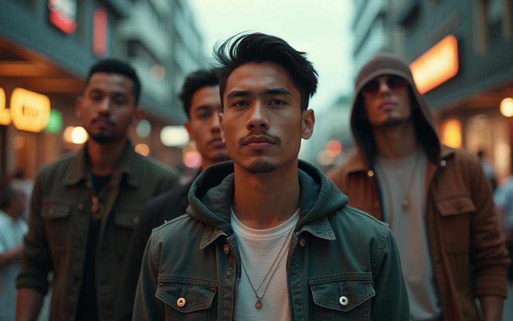 Stylish Malaysian men showcasing Urban Threads MY apparel in an urban setting.